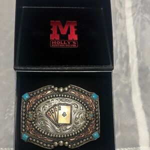 Belt Buckle - Silver and Turquoise Aces